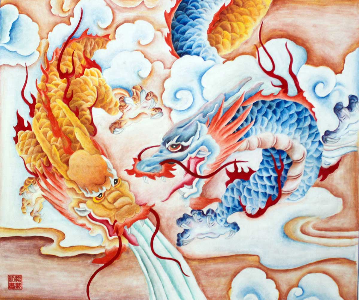 Double Dragon Flying out of the Ocean