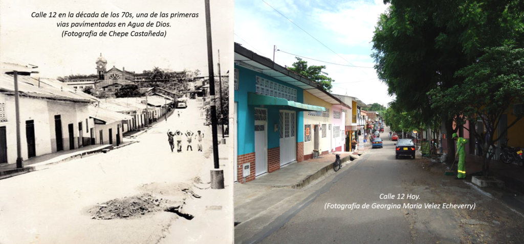 Calle 12, one of the main streets in Agua de Dios, shown in the 1970s and today